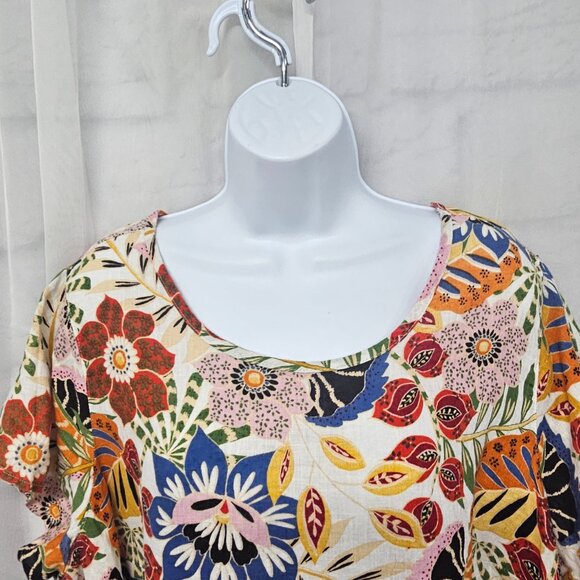 C&C California Orange Blue Floral Blouse Tee Linen Tropical Boho 1X - Picture 2 of 11